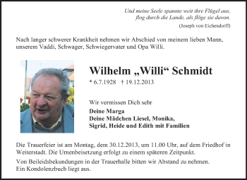 Traueranzeige von Wilhelm Schmidt von Echo-Zeitungen (Gesamtausgabe)
