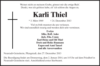 Traueranzeige von Karli Thiel von Echo-Zeitungen (Gesamtausgabe) Traueranzeige von Karli Thiel von Echo-Zeitungen (Gesamtausgabe)
