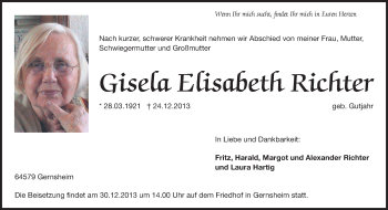 Traueranzeige von Gisela Elisabeth Richter von Rüsselsheimer Echo, Groß-Gerauer-Echo, Ried Echo