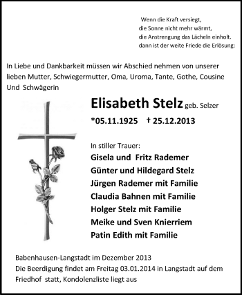 Traueranzeige von Elisabeth Stelz von Echo-Zeitungen (Gesamtausgabe)