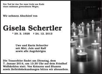 Traueranzeige von Gisela Schertler von Rüsselsheimer Echo, Groß-Gerauer-Echo, Ried Echo