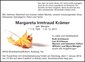 Traueranzeige von Margareta Irmtraud  Krämer von Odenwälder Echo