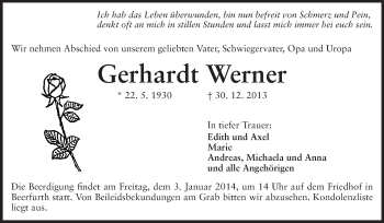 Traueranzeige von Gerhardt Werner von Odenwälder Echo