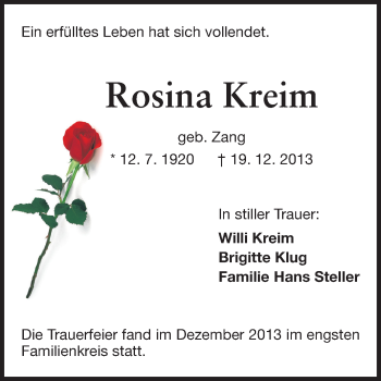 Traueranzeige von Rosina Kreim von Rüsselsheimer Echo, Groß-Gerauer-Echo, Ried Echo