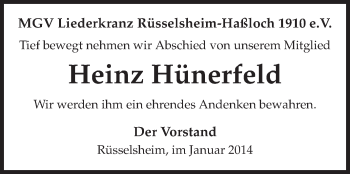 Traueranzeige von Heinz Hünerfeld von Rüsselsheimer Echo, Groß-Gerauer-Echo, Ried Echo