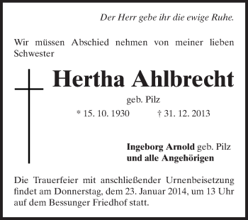 Traueranzeige von Hertha Ahlbrecht von Echo-Zeitungen (Gesamtausgabe)