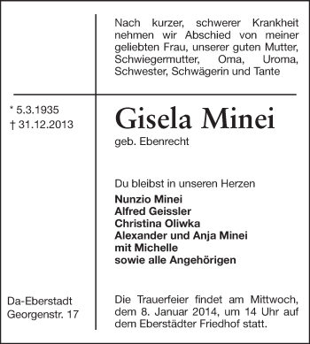 Traueranzeige von Gisela Minei von Echo-Zeitungen (Gesamtausgabe)