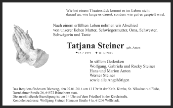 Traueranzeige von Tatajana Steiner von Rüsselsheimer Echo, Groß-Gerauer-Echo, Ried Echo