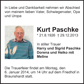 Traueranzeige von Kurt Paschke von Echo-Zeitungen (Gesamtausgabe)