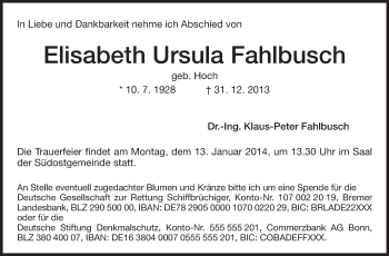 Traueranzeige von Elisabeth Ursula Fahlbusch von Echo-Zeitungen (Gesamtausgabe)