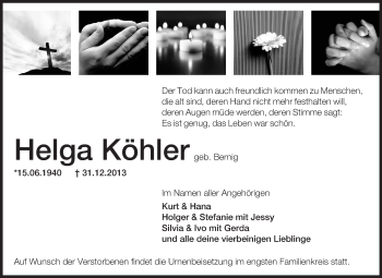 Traueranzeige von Helga Köhler von Odenwälder Echo