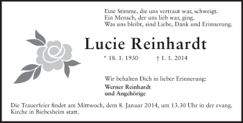 Traueranzeige von Lucie Reinhardt von Rüsselsheimer Echo, Groß-Gerauer-Echo, Ried Echo