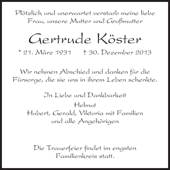 Traueranzeige von Gertrude Köster von Rüsselsheimer Echo, Groß-Gerauer-Echo, Ried Echo