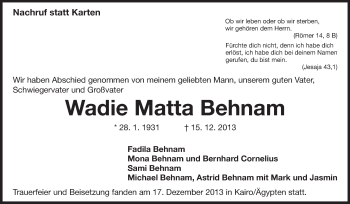 Traueranzeige von Wadie Matta Behnam von Echo-Zeitungen (Gesamtausgabe)