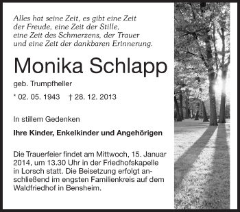Traueranzeige von Monika Schlapp von Echo-Zeitungen (Gesamtausgabe)