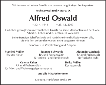 Traueranzeige von Alfred Oswald von Echo-Zeitungen (Gesamtausgabe)