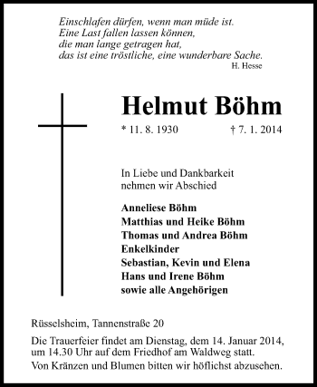 Traueranzeige von Helmut Böhm von Rüsselsheimer Echo, Groß-Gerauer-Echo, Ried Echo