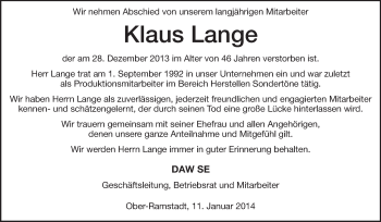 Traueranzeige von Klaus Lange von Echo-Zeitungen (Gesamtausgabe)