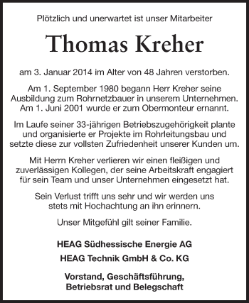 Traueranzeige von Thomas Kreher von Echo-Zeitungen (Gesamtausgabe)