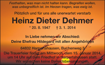 Traueranzeige von Heinz Dieter Dehmer von Echo-Zeitungen (Gesamtausgabe)