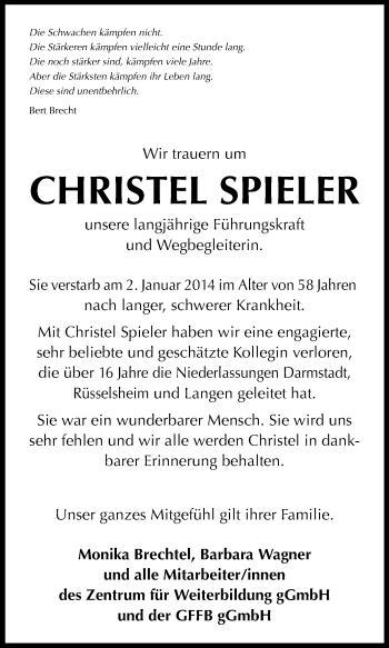 Traueranzeige von Christel Spieler von Echo-Zeitungen (Gesamtausgabe)