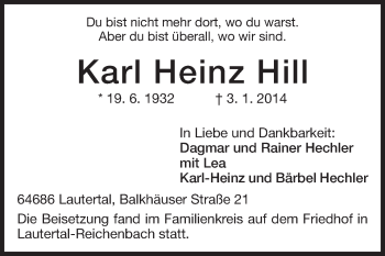 Traueranzeige von Karl Heinz Hill von Darmstädter Echo, Odenwälder Echo, Rüsselsheimer Echo, Groß-Gerauer-Echo, Ried Echo