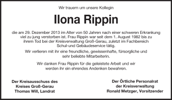 Traueranzeige von Ilona Rippin von Rüsselsheimer Echo, Groß-Gerauer-Echo, Ried Echo