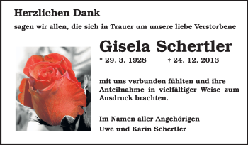 Traueranzeige von Gisela Schertler von Rüsselsheimer Echo, Groß-Gerauer-Echo, Ried Echo