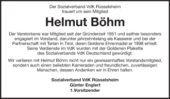 Traueranzeige von Helmut Böhm von Rüsselsheimer Echo, Groß-Gerauer-Echo, Ried Echo