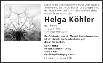 Traueranzeige von Helga Köhler von Odenwälder Echo