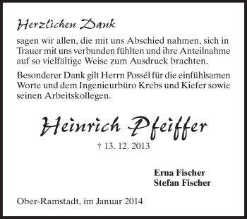 Traueranzeige von Heinrich Pfeiffer von Darmstädter Echo, Odenwälder Echo, Rüsselsheimer Echo, Groß-Gerauer-Echo, Ried Echo