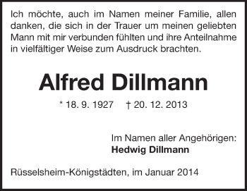 Traueranzeige von Alfred Dillmann von Rüsselsheimer Echo, Groß-Gerauer-Echo, Ried Echo