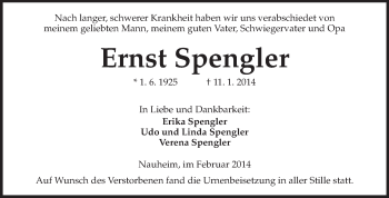 Traueranzeige von Ernst Spengler von Rüsselsheimer Echo, Groß-Gerauer-Echo, Ried Echo