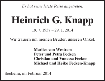 Traueranzeige von Heinrich G. Knapp von Echo-Zeitungen (Gesamtausgabe)
