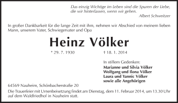Traueranzeige von Heinz Völker von Rüsselsheimer Echo, Groß-Gerauer-Echo, Ried Echo