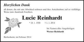 Traueranzeige von Lucie Reinhardt von Rüsselsheimer Echo, Groß-Gerauer-Echo, Ried Echo
