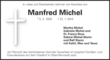 Traueranzeige von Manfred Michel von Echo-Zeitungen (Gesamtausgabe)