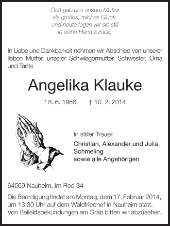 Traueranzeige von Angelika Klauke von Rüsselsheimer Echo, Groß-Gerauer-Echo, Ried Echo
