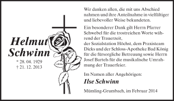 Traueranzeige von Helmut Schwinn von Odenwälder Echo