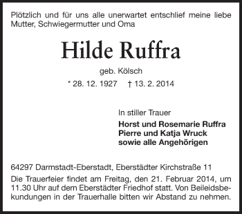 Traueranzeige von Hilde Ruffra von Echo-Zeitungen (Gesamtausgabe)