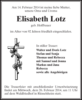 Traueranzeige von Elisabeth Lotz von Rüsselsheimer Echo, Groß-Gerauer-Echo, Ried Echo