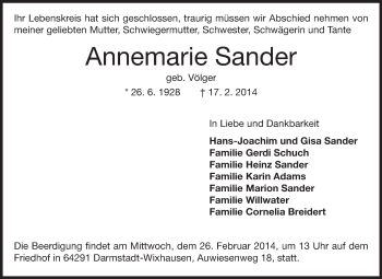 Traueranzeige von Annemarie Sander von Echo-Zeitungen (Gesamtausgabe)