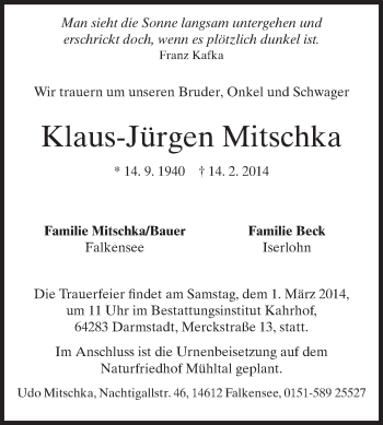 Traueranzeige von Klaus-Jürgen Mitschka von Echo-Zeitungen (Gesamtausgabe)
