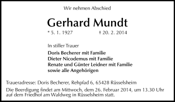 Traueranzeige von Gerhard Mundt von Rüsselsheimer Echo, Groß-Gerauer-Echo, Ried Echo