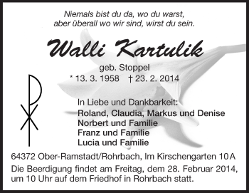 Traueranzeige von Walli Kartulik von Echo-Zeitungen (Gesamtausgabe)