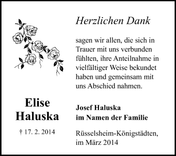 Traueranzeige von Elise Haluska von Rüsselsheimer Echo, Groß-Gerauer-Echo, Ried Echo