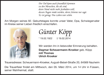 Traueranzeige von Günter Köpp von Rüsselsheimer Echo, Groß-Gerauer-Echo, Ried Echo