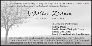 Traueranzeige von Walter Daum von Darmstädter Echo, Odenwälder Echo, Rüsselsheimer Echo, Groß-Gerauer-Echo, Ried Echo