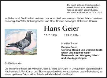 Traueranzeige von Hans Geier von Rüsselsheimer Echo, Groß-Gerauer-Echo, Ried Echo
