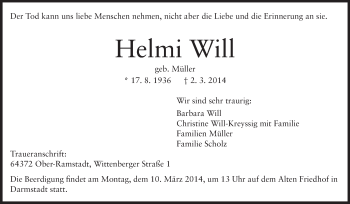 Traueranzeige von Helmi Will von Echo-Zeitungen (Gesamtausgabe)